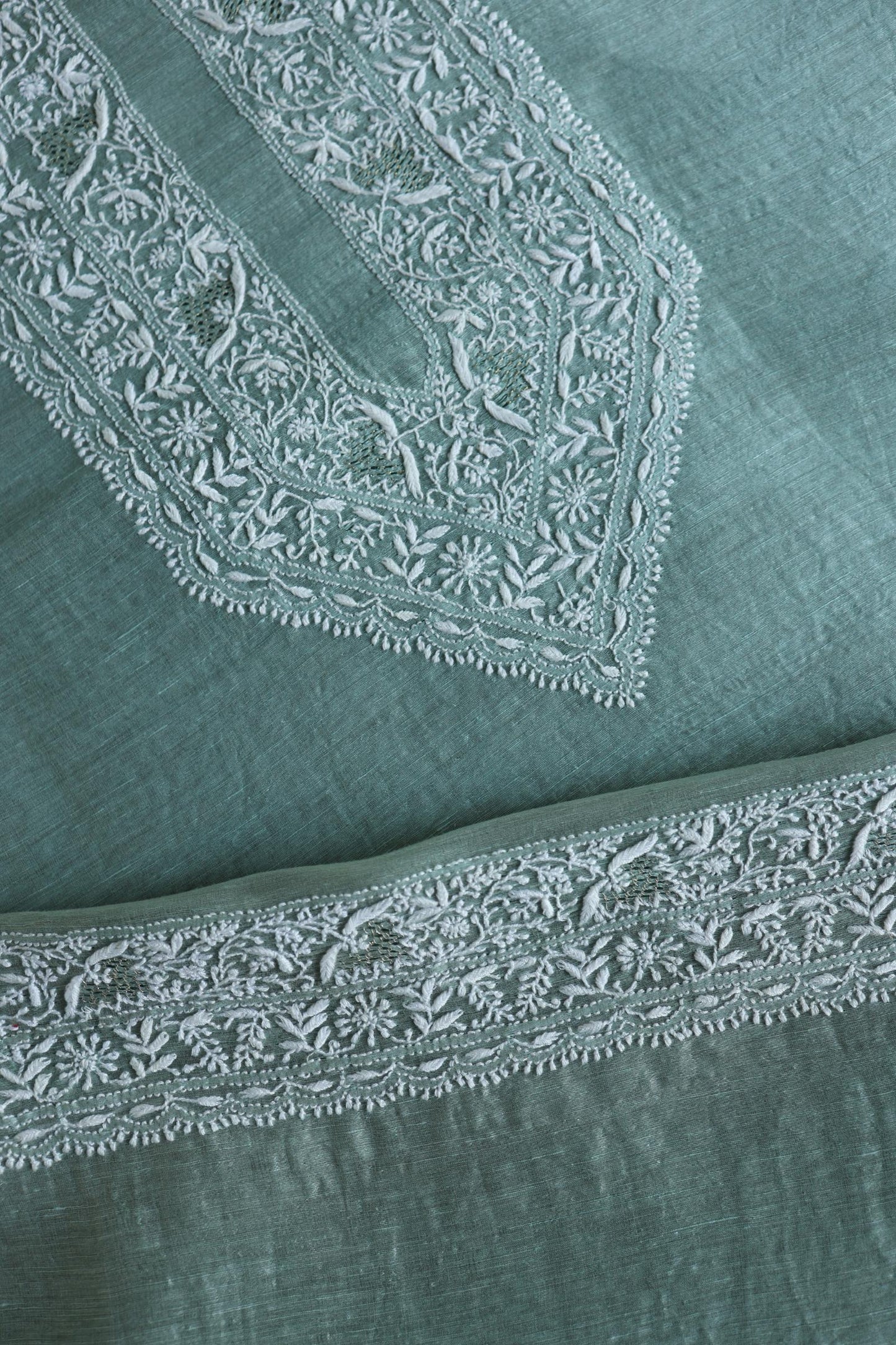 Sea Green Shade Linen Chikankari Unstitched Men's Kurtas Fabric