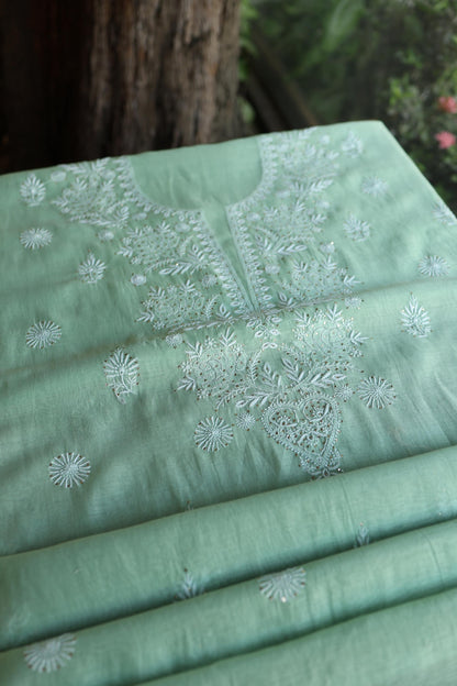 Sea Green Shade Mal Cotton Fine Chikankari Unstitched Fabric