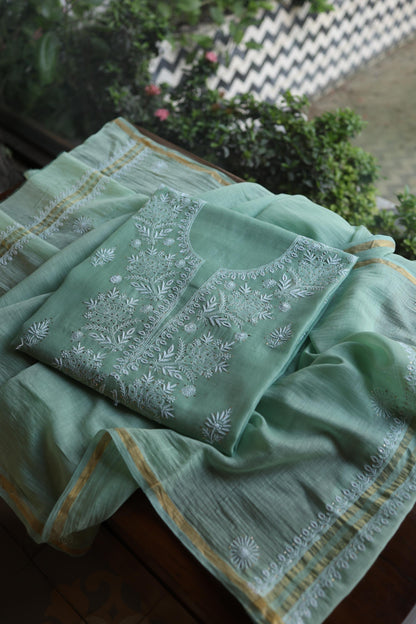Sea Green Shade Mal Cotton Fine Chikankari Unstitched Fabric