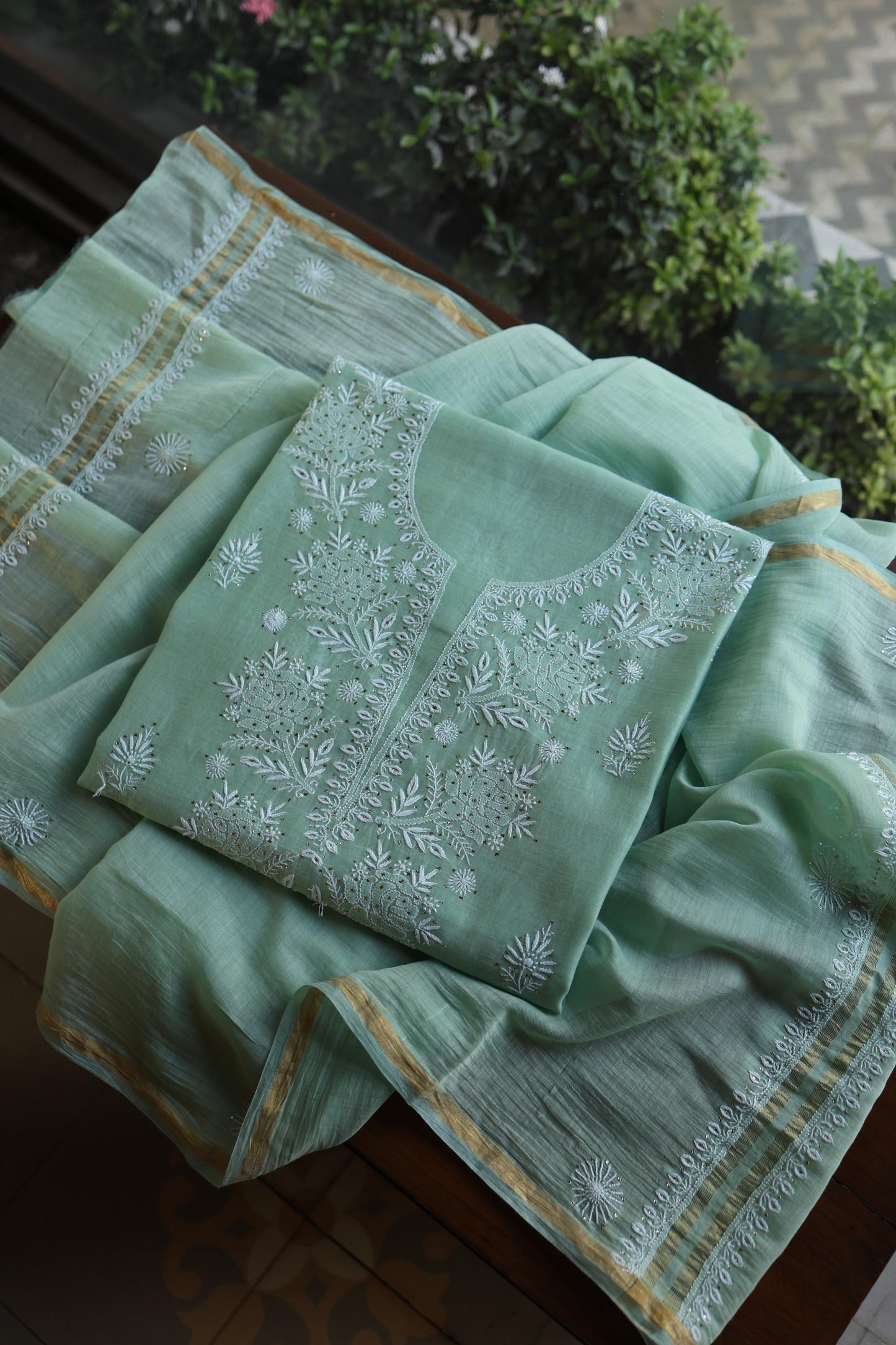 Sea Green Shade Mal Cotton Fine Chikankari Unstitched Fabric