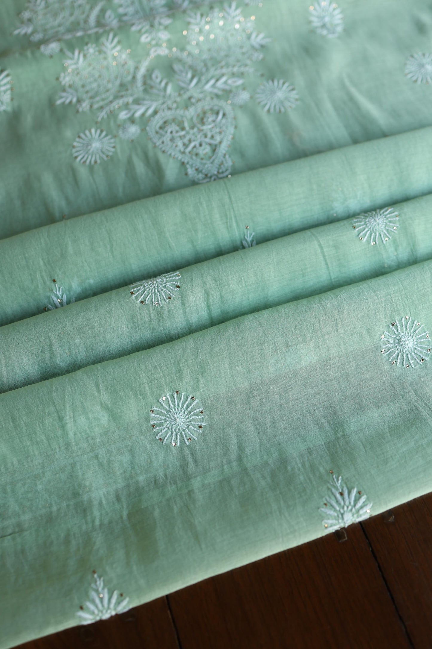 Sea Green Shade Mal Cotton Fine Chikankari Unstitched Fabric