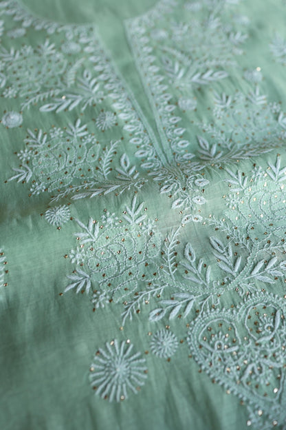Sea Green Shade Mal Cotton Fine Chikankari Unstitched Fabric