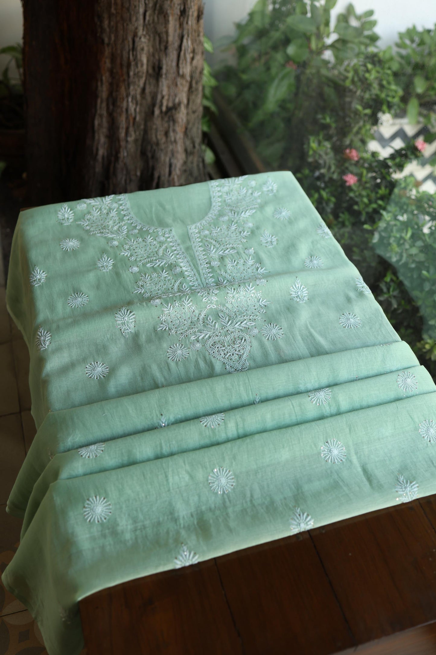 Sea Green Shade Mal Cotton Fine Chikankari Unstitched Fabric