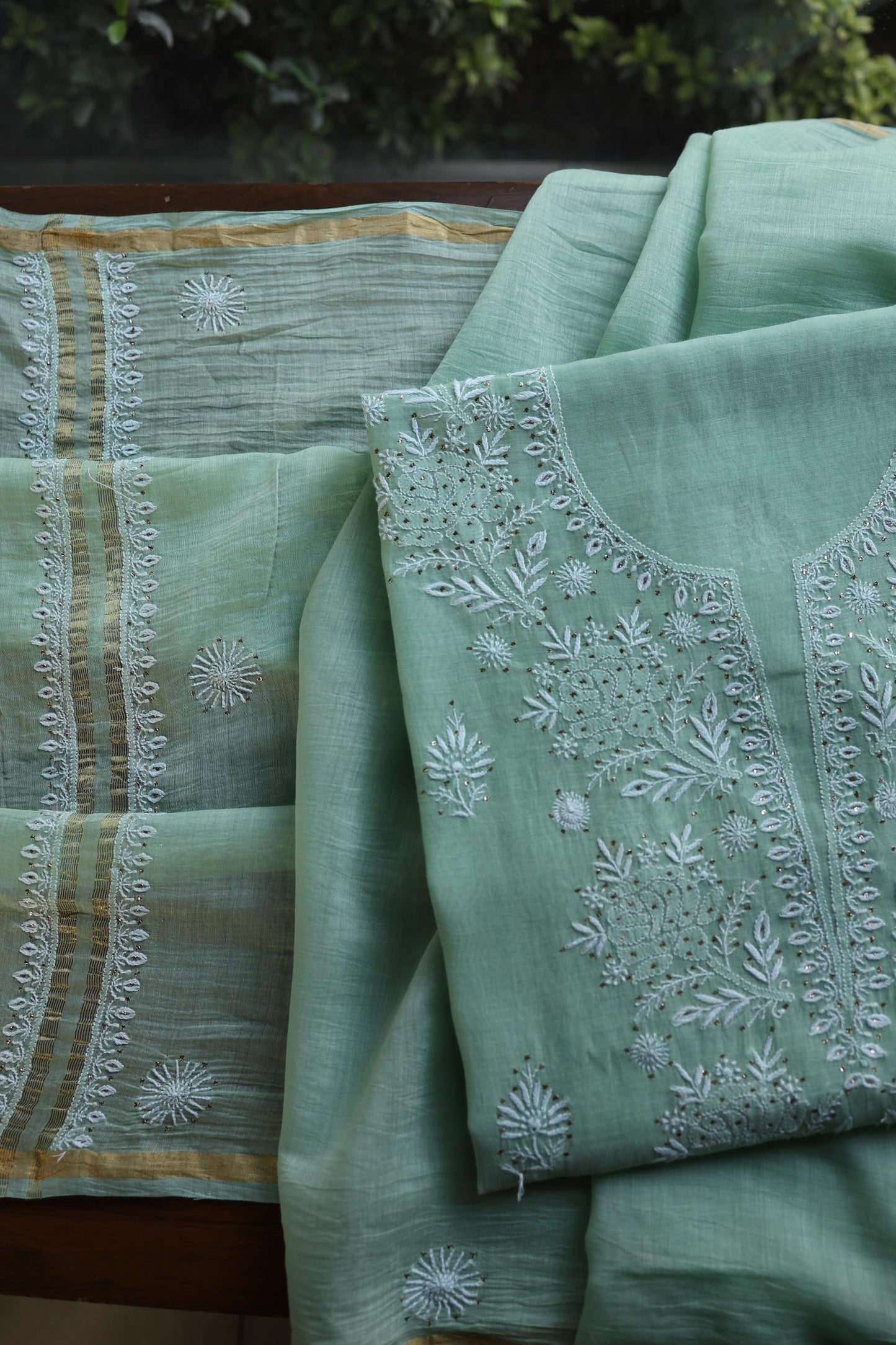 Sea Green Shade Mal Cotton Fine Chikankari Unstitched Fabric