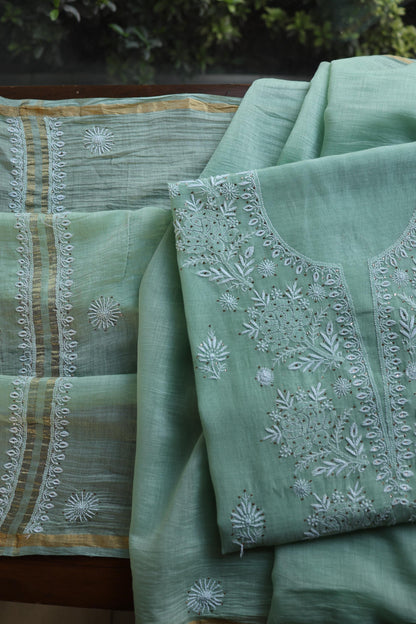 Sea Green Shade Mal Cotton Fine Chikankari Unstitched Fabric