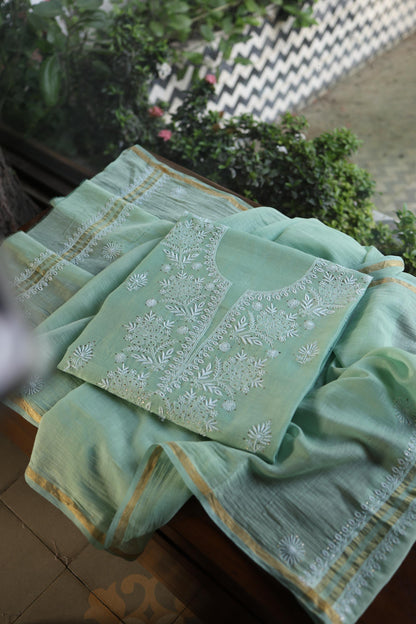 Sea Green Shade Mal Cotton Fine Chikankari Unstitched Fabric