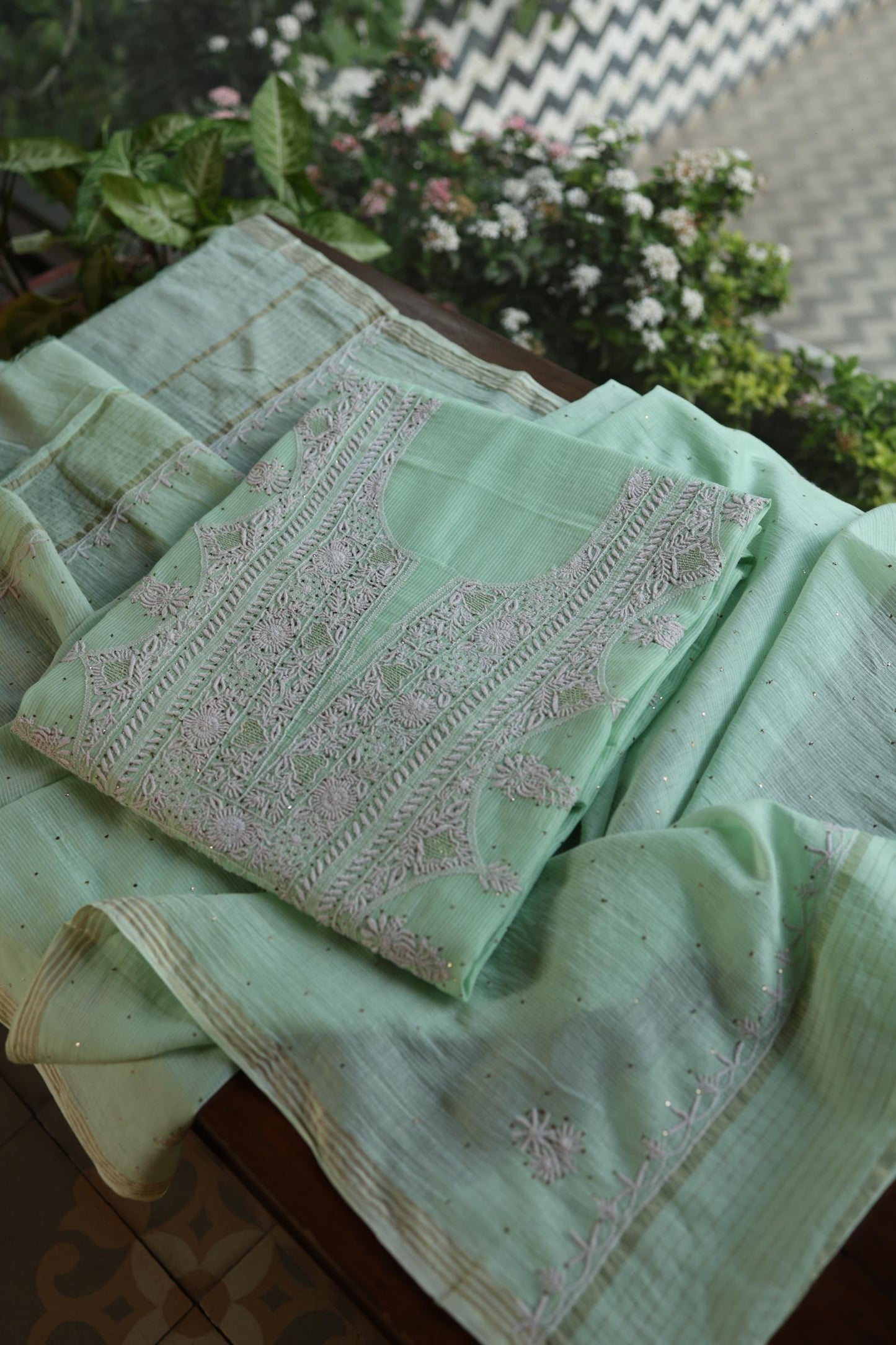 Sea Green Shade Mal Cotton Fine Chikankari With Kamdani Work Unstitched Fabric