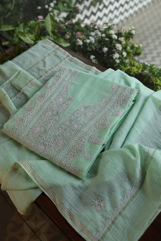 Sea Green Shade Mal Cotton Fine Chikankari With Kamdani Work Unstitched Fabric