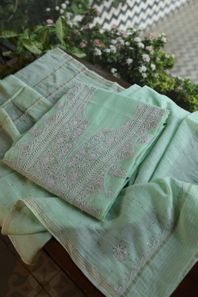 Sea Green Shade Mal Cotton Fine Chikankari With Kamdani Work Unstitched Fabric
