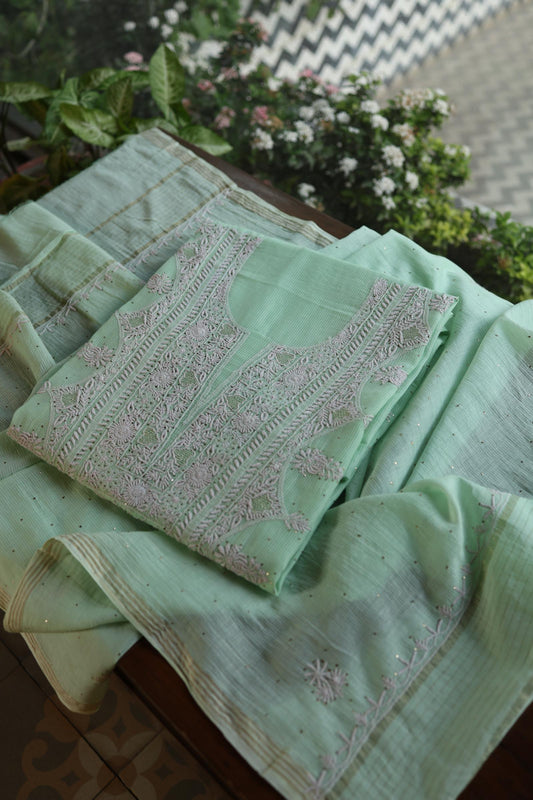Sea Green Shade Mal Cotton Fine Chikankari With Kamdani Work Unstitched Fabric