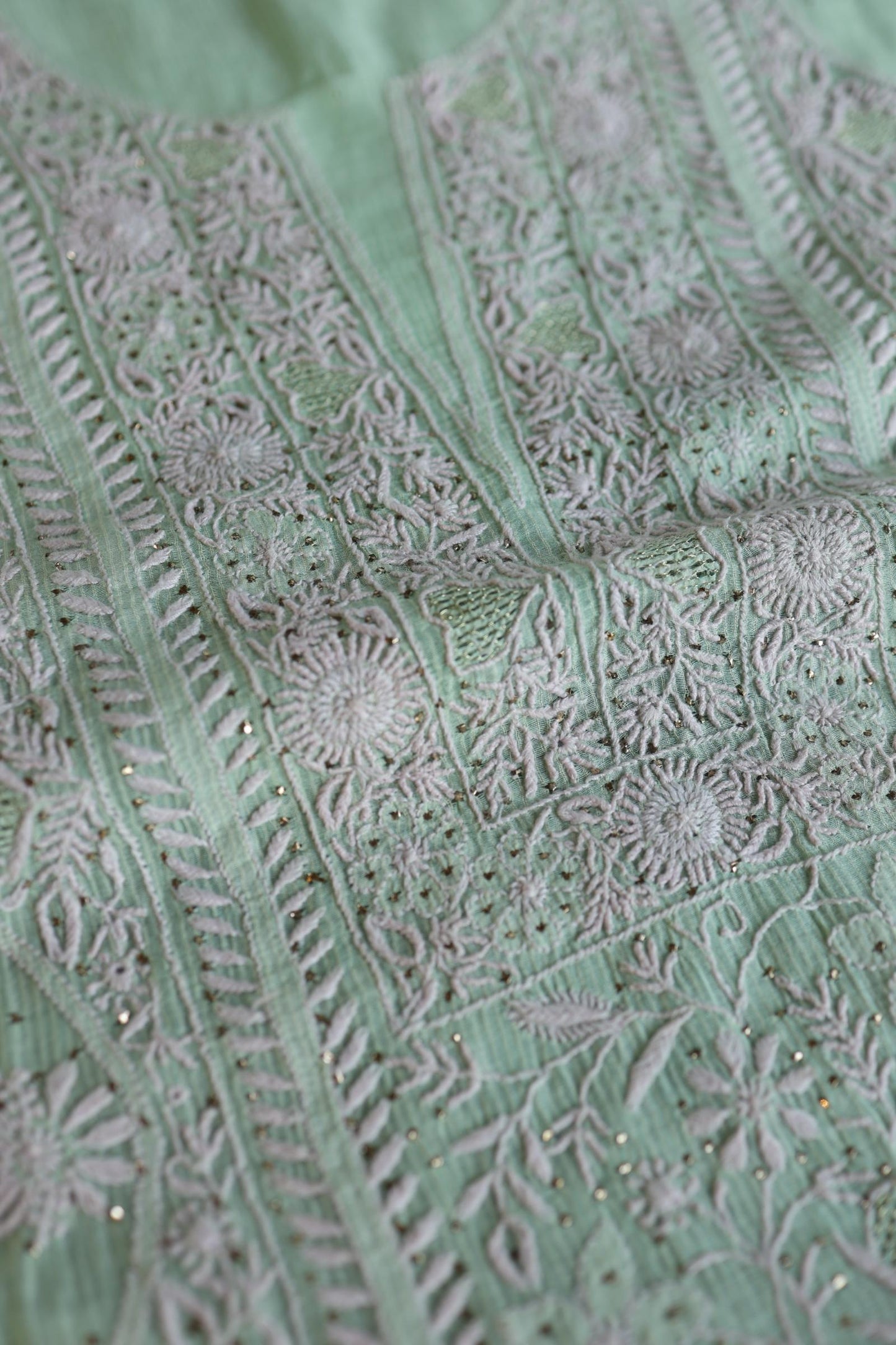 Sea Green Shade Mal Cotton Fine Chikankari With Kamdani Work Unstitched Fabric