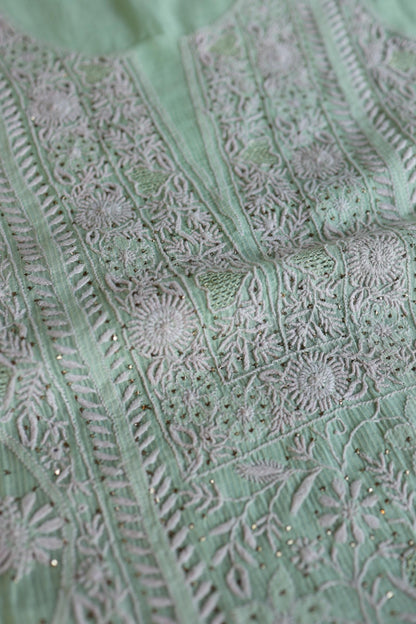 Sea Green Shade Mal Cotton Fine Chikankari With Kamdani Work Unstitched Fabric