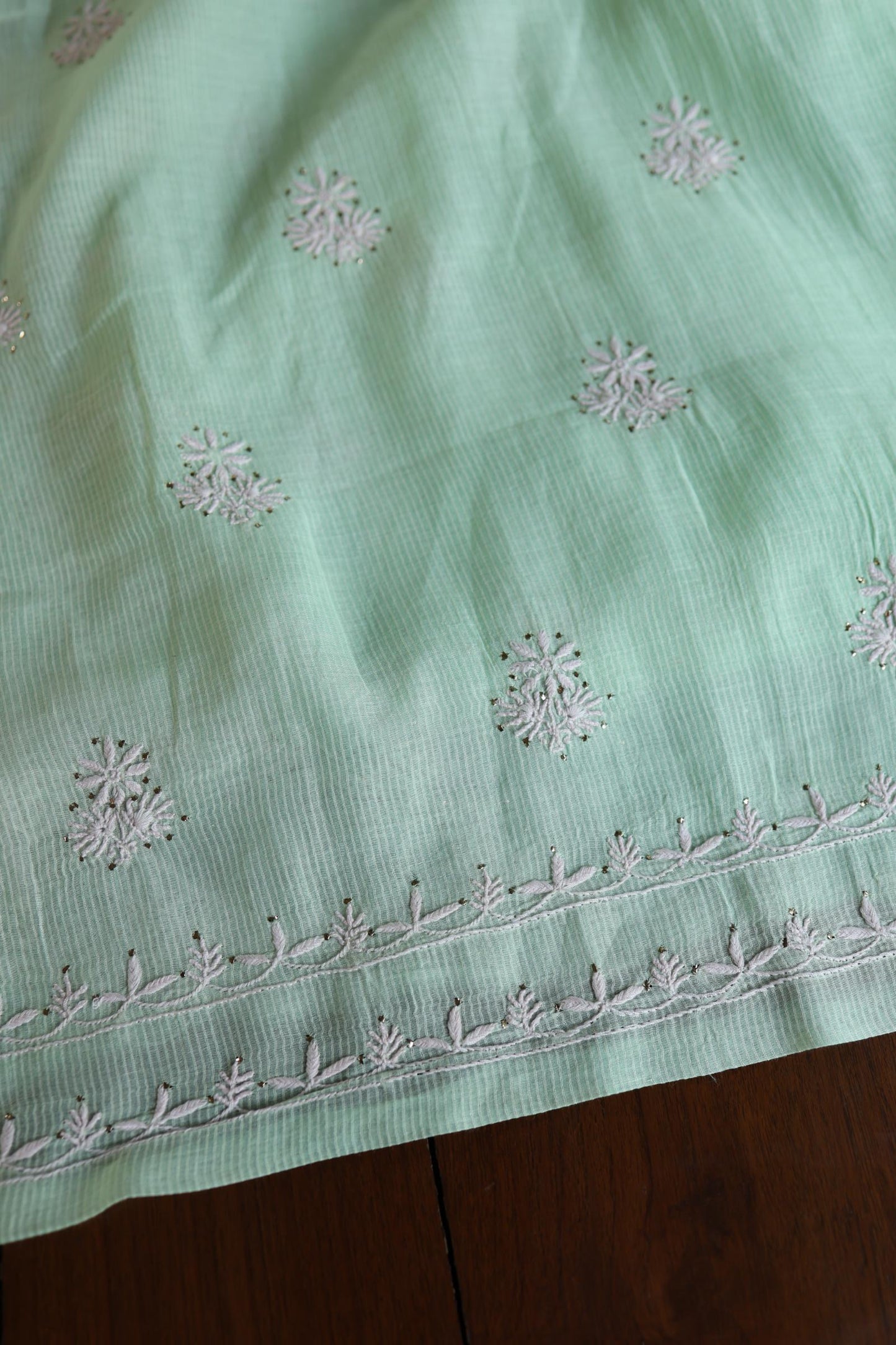 Sea Green Shade Mal Cotton Fine Chikankari With Kamdani Work Unstitched Fabric