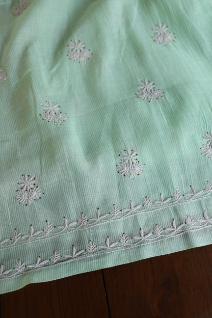 Sea Green Shade Mal Cotton Fine Chikankari With Kamdani Work Unstitched Fabric