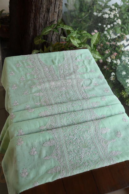 Sea Green Shade Mal Cotton Fine Chikankari With Kamdani Work Unstitched Fabric