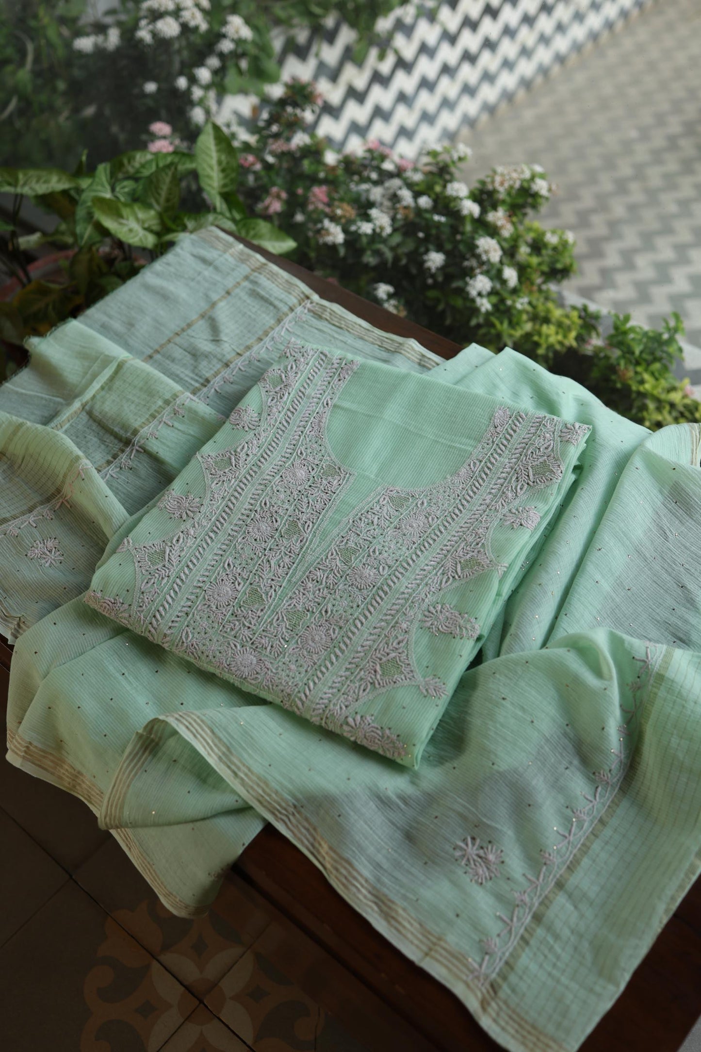 Sea Green Shade Mal Cotton Fine Chikankari With Kamdani Work Unstitched Fabric