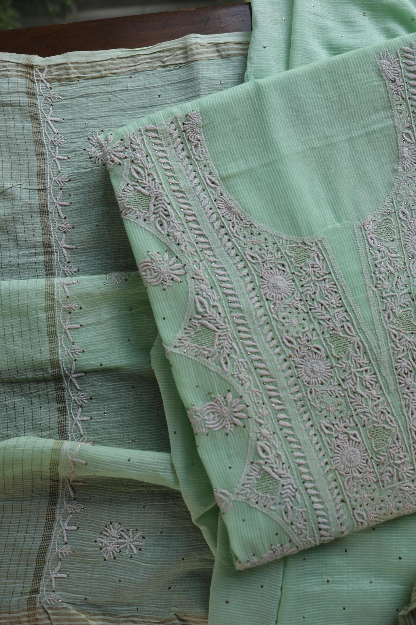 Sea Green Shade Mal Cotton Fine Chikankari With Kamdani Work Unstitched Fabric