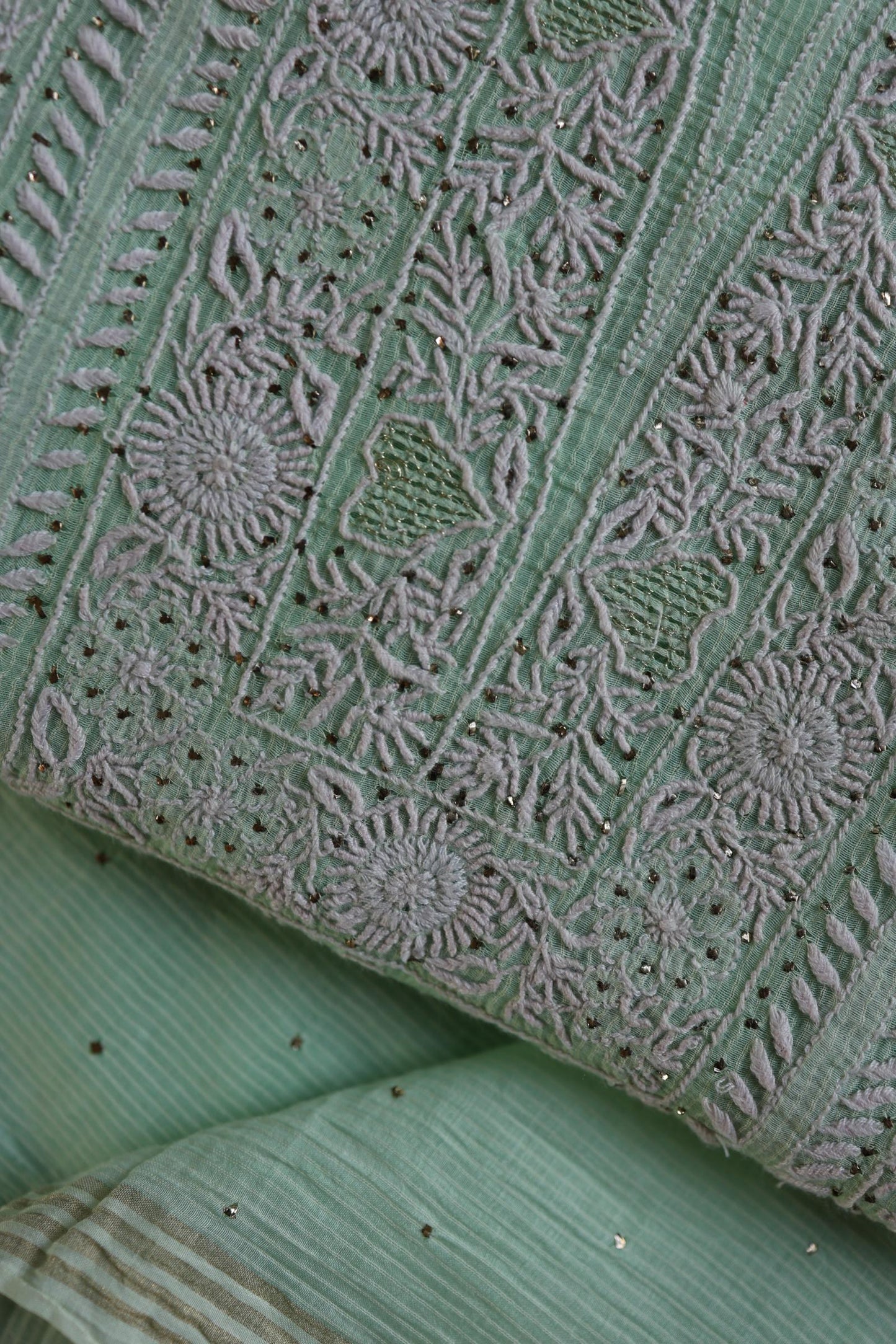 Sea Green Shade Mal Cotton Fine Chikankari With Kamdani Work Unstitched Fabric