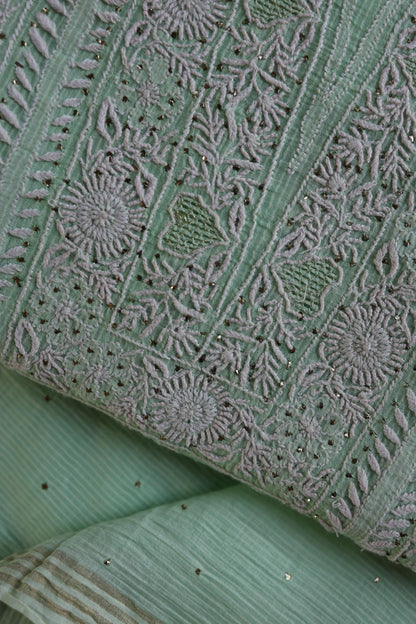 Sea Green Shade Mal Cotton Fine Chikankari With Kamdani Work Unstitched Fabric