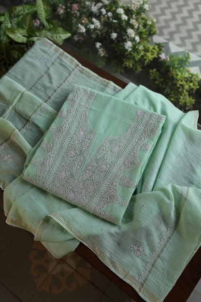 Sea Green Shade Mal Cotton Fine Chikankari With Kamdani Work Unstitched Fabric