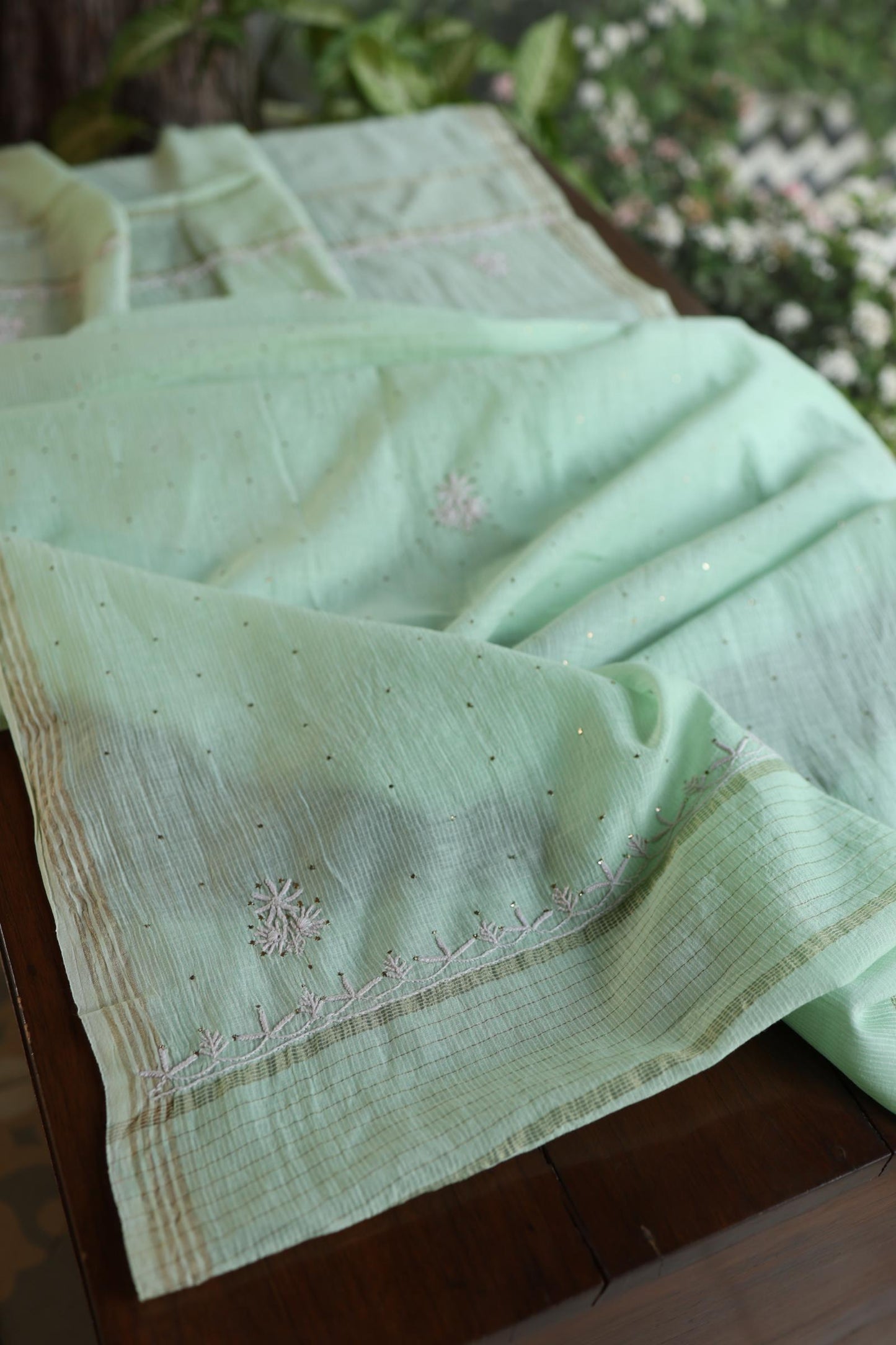 Sea Green Shade Mal Cotton Fine Chikankari With Kamdani Work Unstitched Fabric