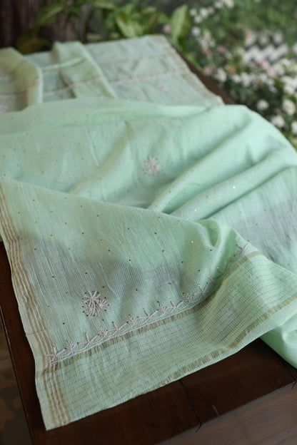 Sea Green Shade Mal Cotton Fine Chikankari With Kamdani Work Unstitched Fabric