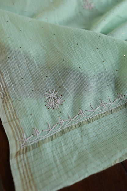 Sea Green Shade Mal Cotton Fine Chikankari With Kamdani Work Unstitched Fabric