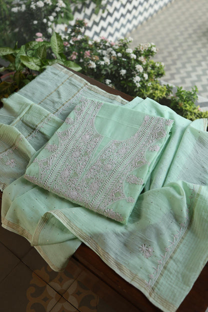 Sea Green Shade Mal Cotton Fine Chikankari With Kamdani Work Unstitched Fabric