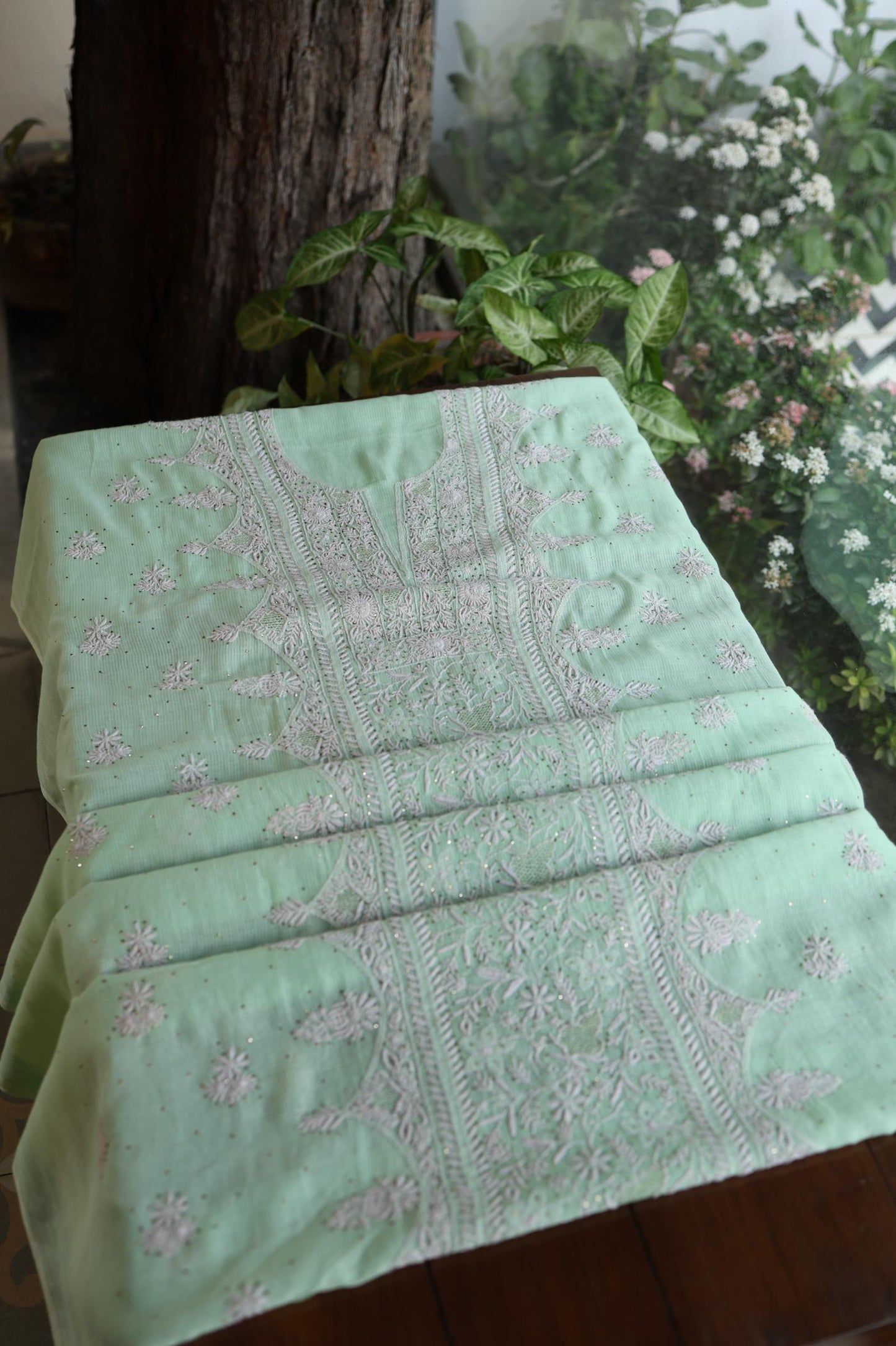 Sea Green Shade Mal Cotton Fine Chikankari With Kamdani Work Unstitched Fabric