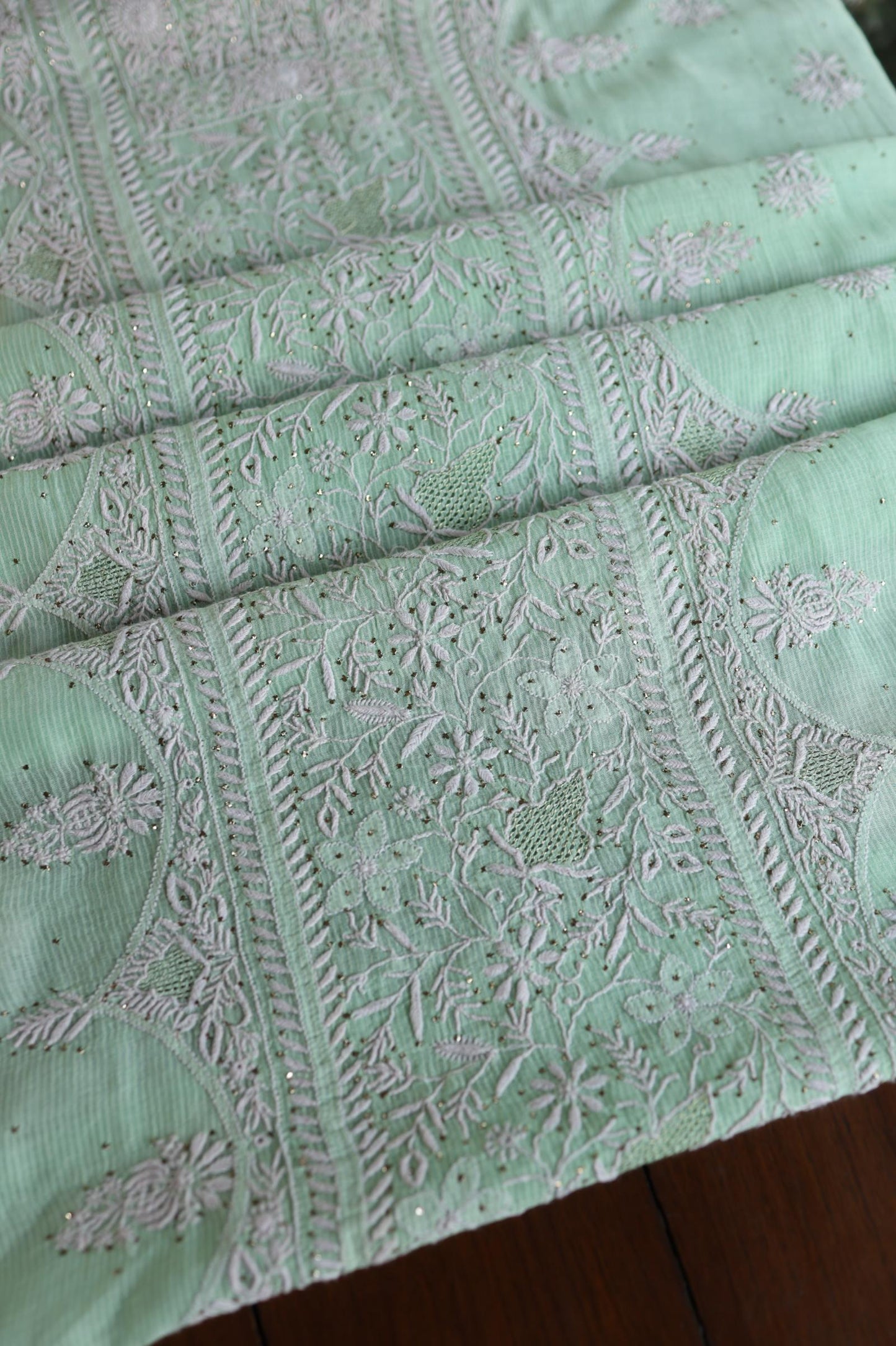 Sea Green Shade Mal Cotton Fine Chikankari With Kamdani Work Unstitched Fabric