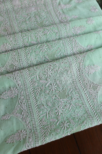 Sea Green Shade Mal Cotton Fine Chikankari With Kamdani Work Unstitched Fabric