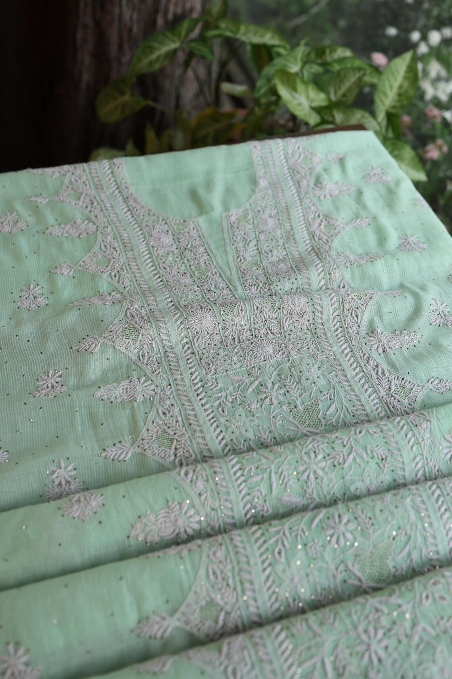 Sea Green Shade Mal Cotton Fine Chikankari With Kamdani Work Unstitched Fabric