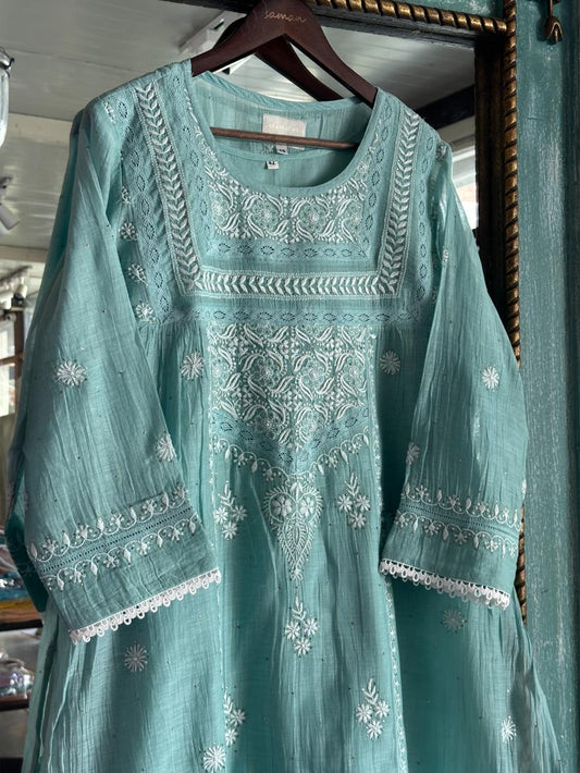 Sea Green Shade Malmal Chikankari Kamdani Short Kurti
