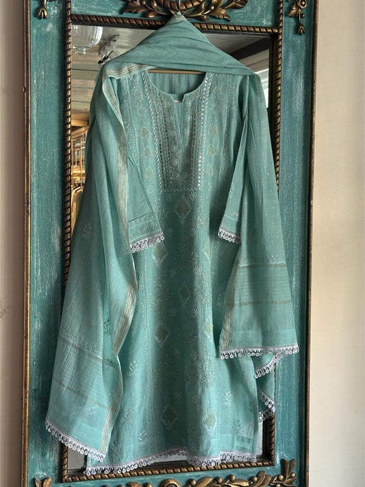 Sea Green Shade Malmal Mukaish Kamdani Chikankari Kurta Dupatta Set