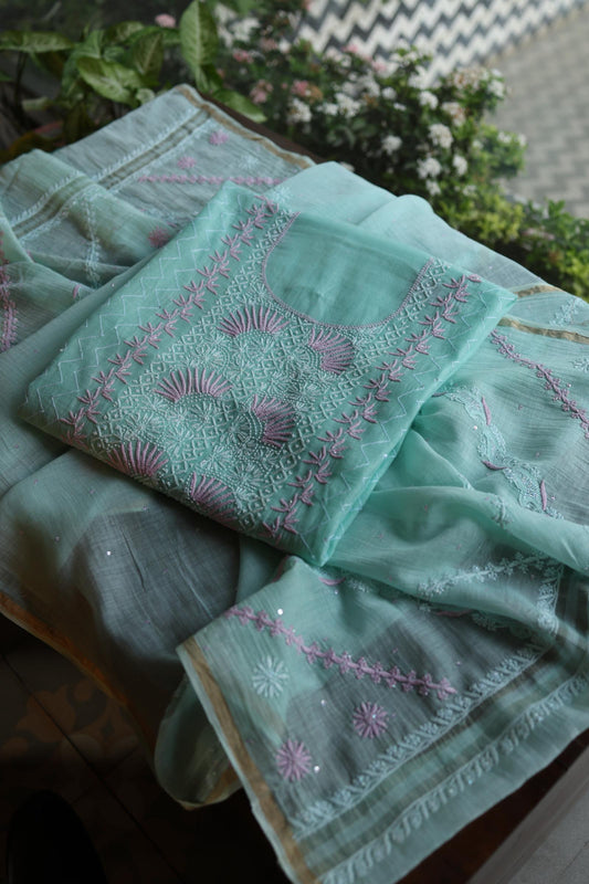 Sea Green Shade Malmal Pearl Work Chikankari Fabric