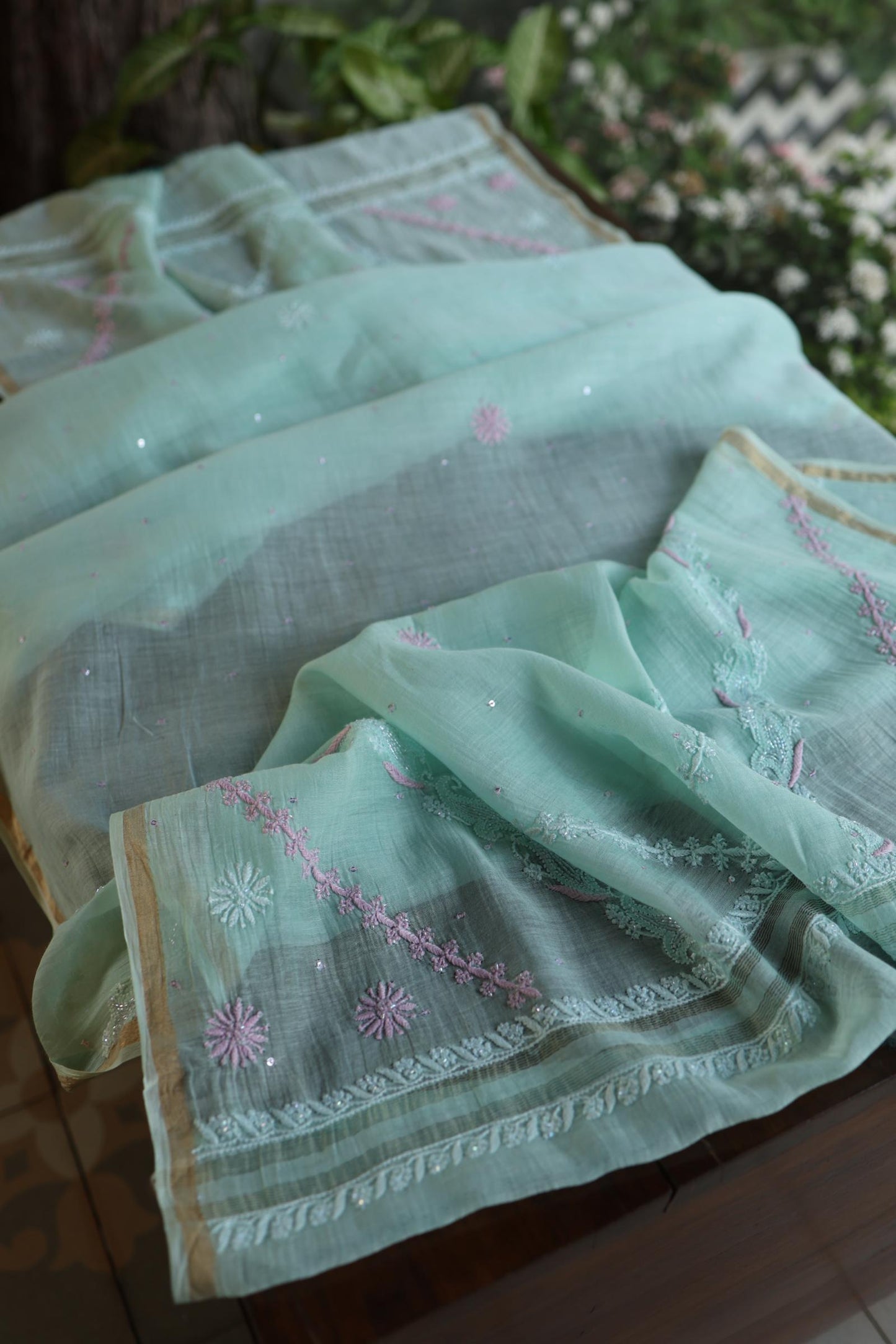 Sea Green Shade Malmal Pearl Work Chikankari Fabric
