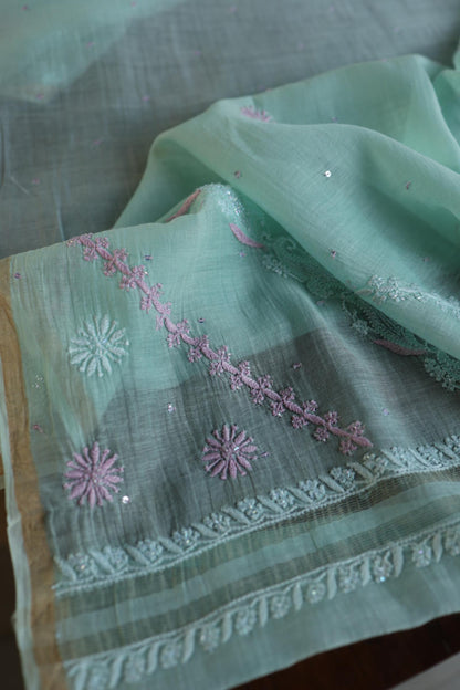 Sea Green Shade Malmal Pearl Work Chikankari Fabric