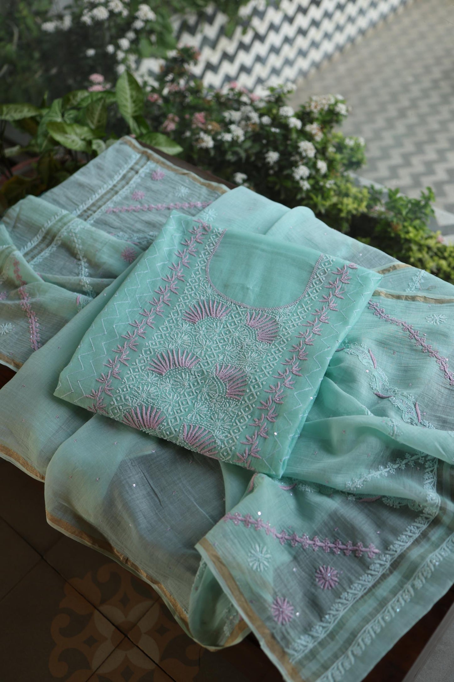 Sea Green Shade Malmal Pearl Work Chikankari Fabric