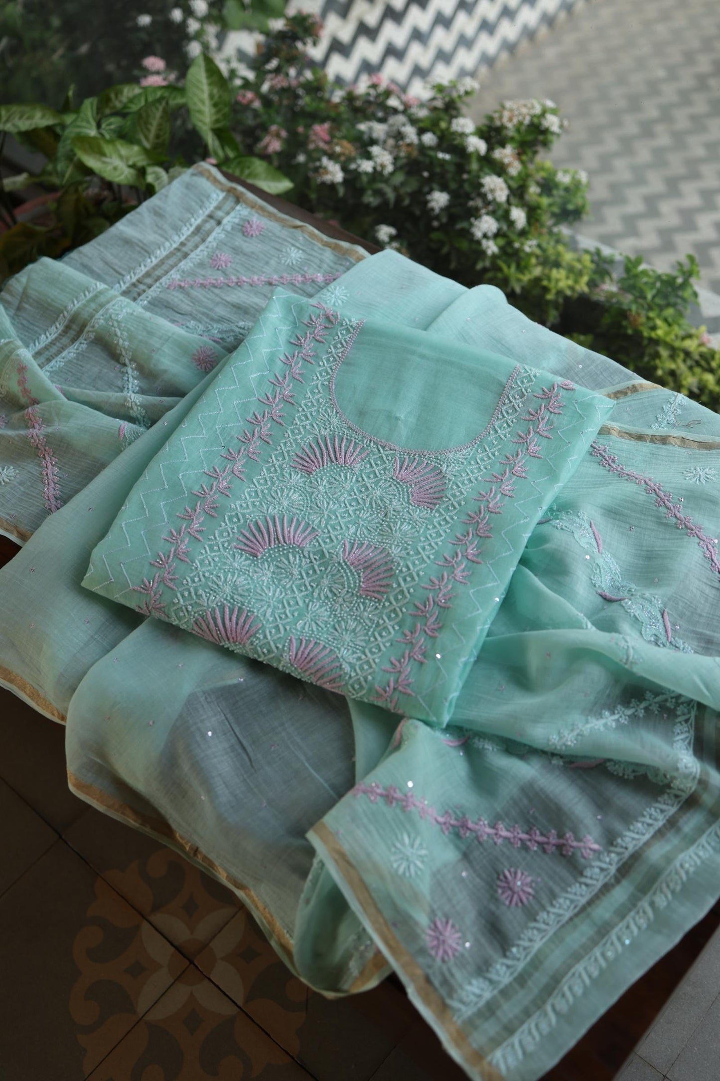Sea Green Shade Malmal Pearl Work Chikankari Fabric