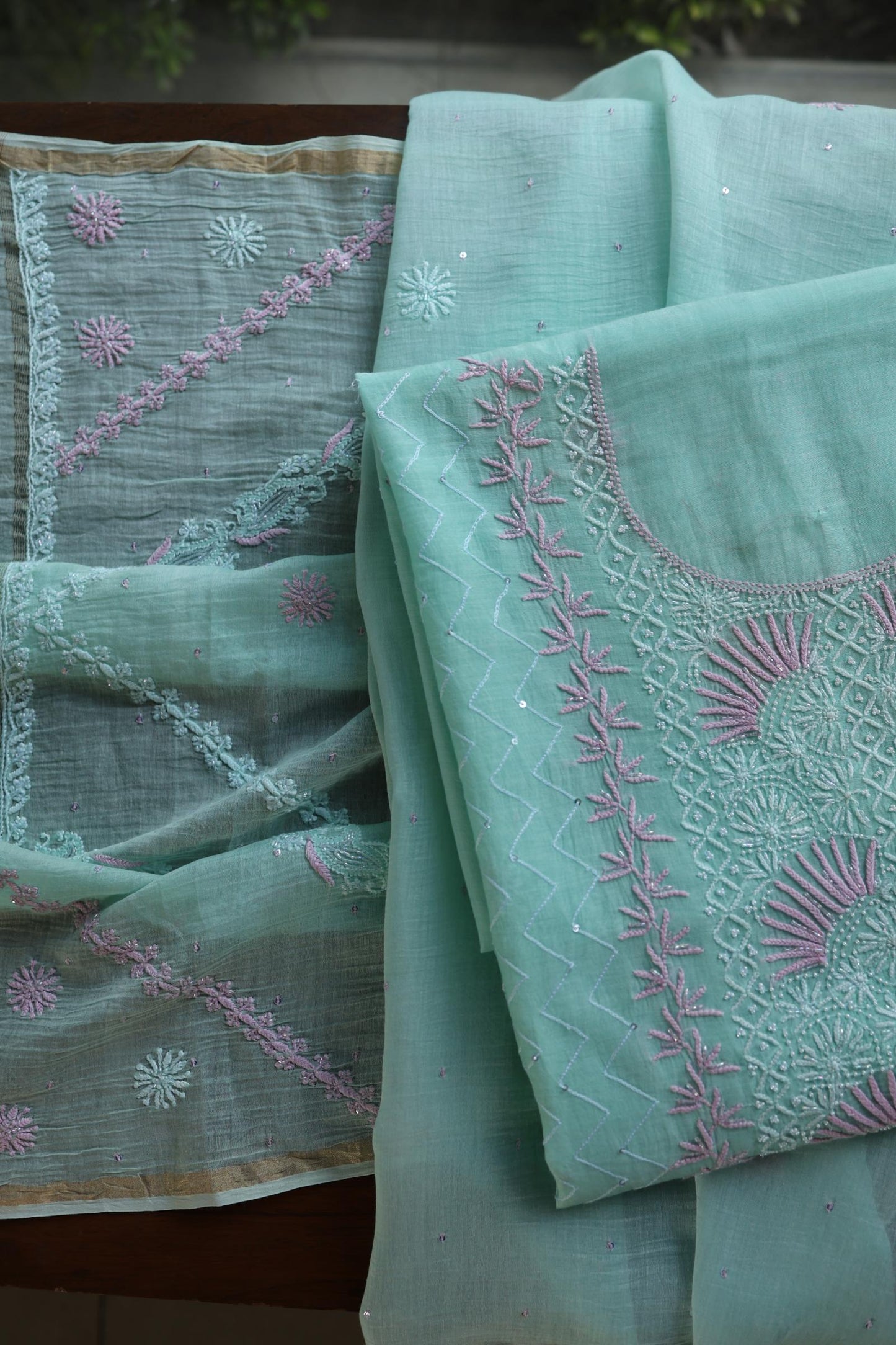 Sea Green Shade Malmal Pearl Work Chikankari Fabric