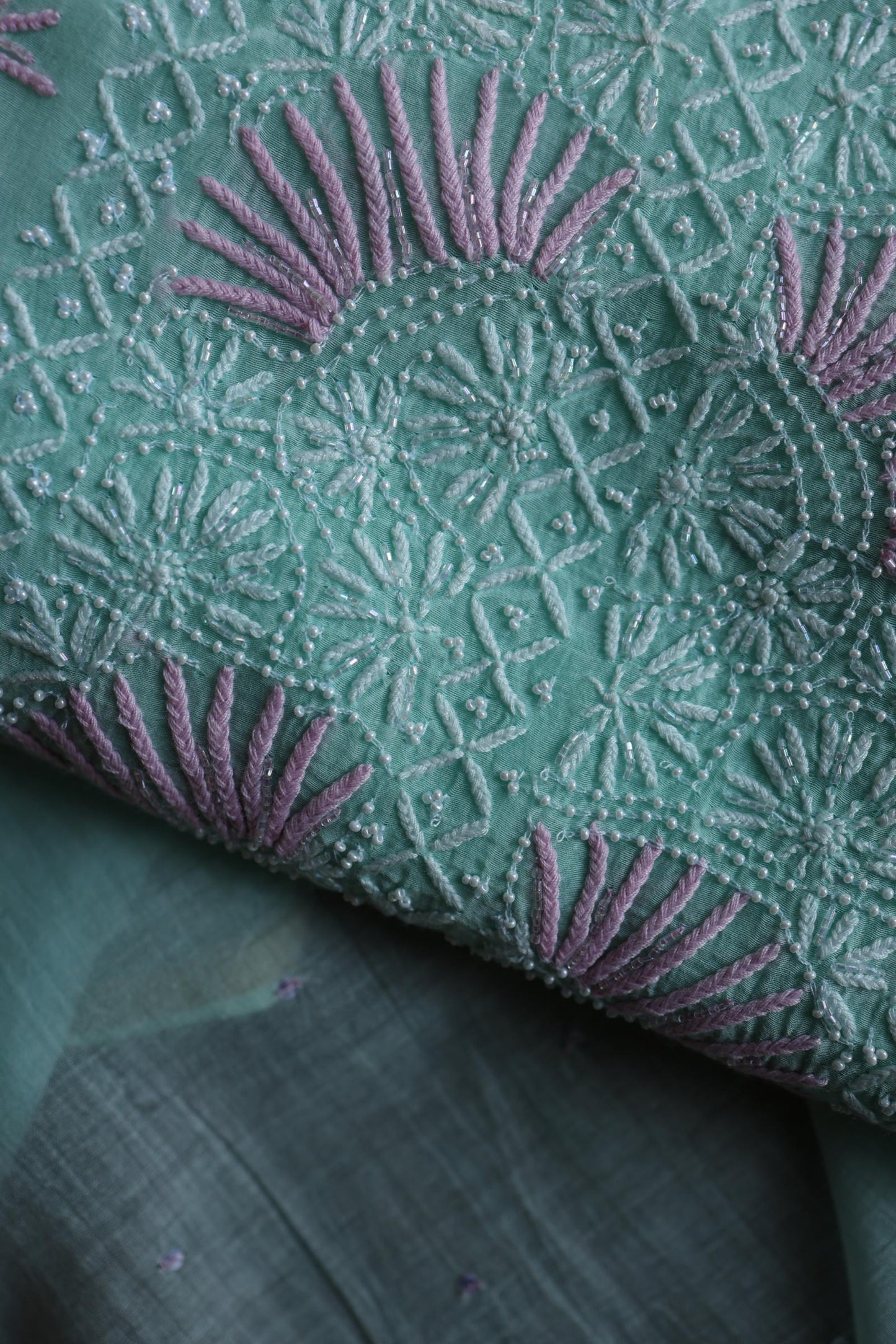 Sea Green Shade Malmal Pearl Work Chikankari Fabric