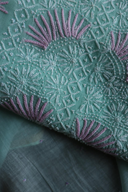 Sea Green Shade Malmal Pearl Work Chikankari Fabric