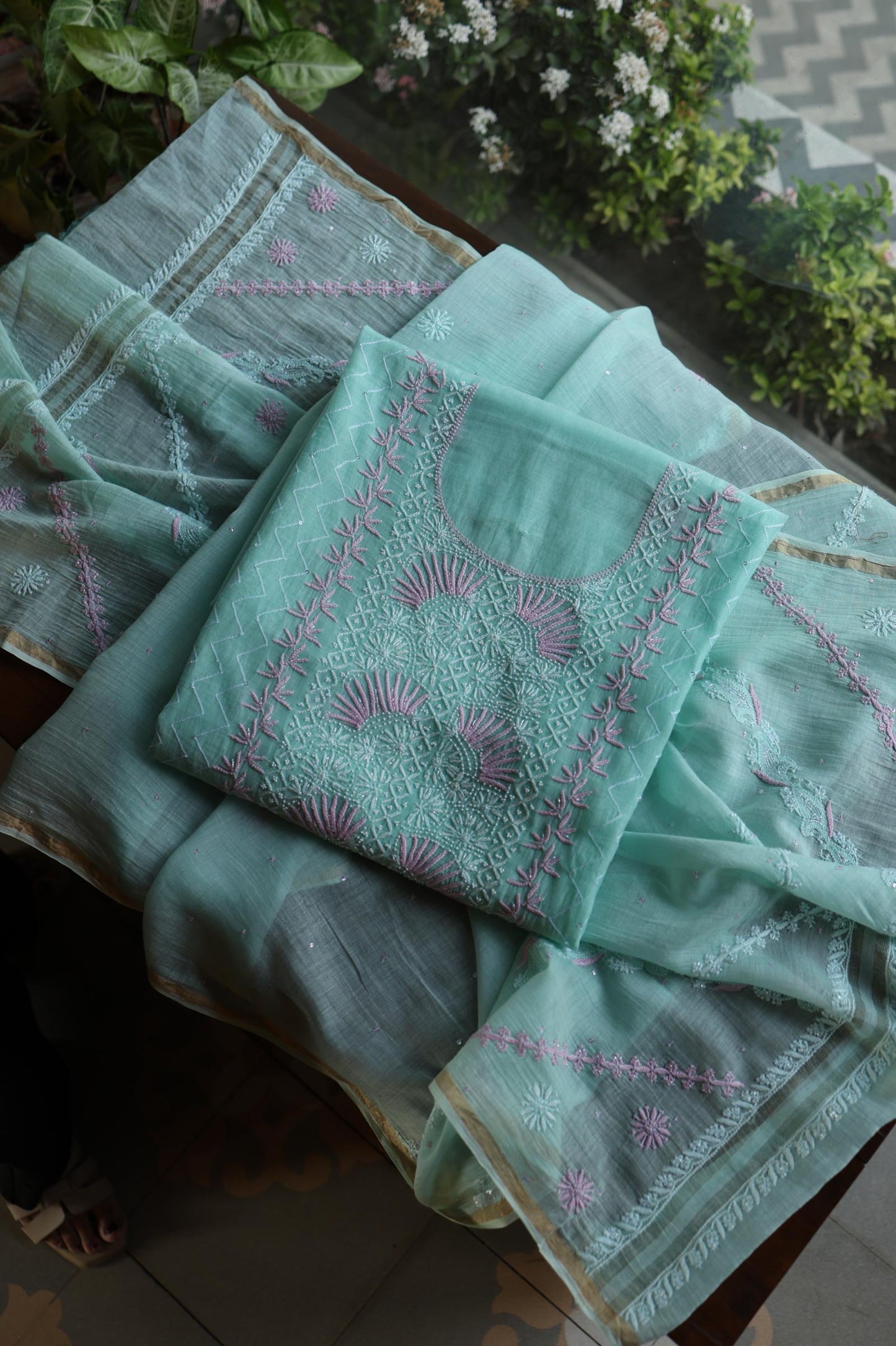 Sea Green Shade Malmal Pearl Work Chikankari Fabric