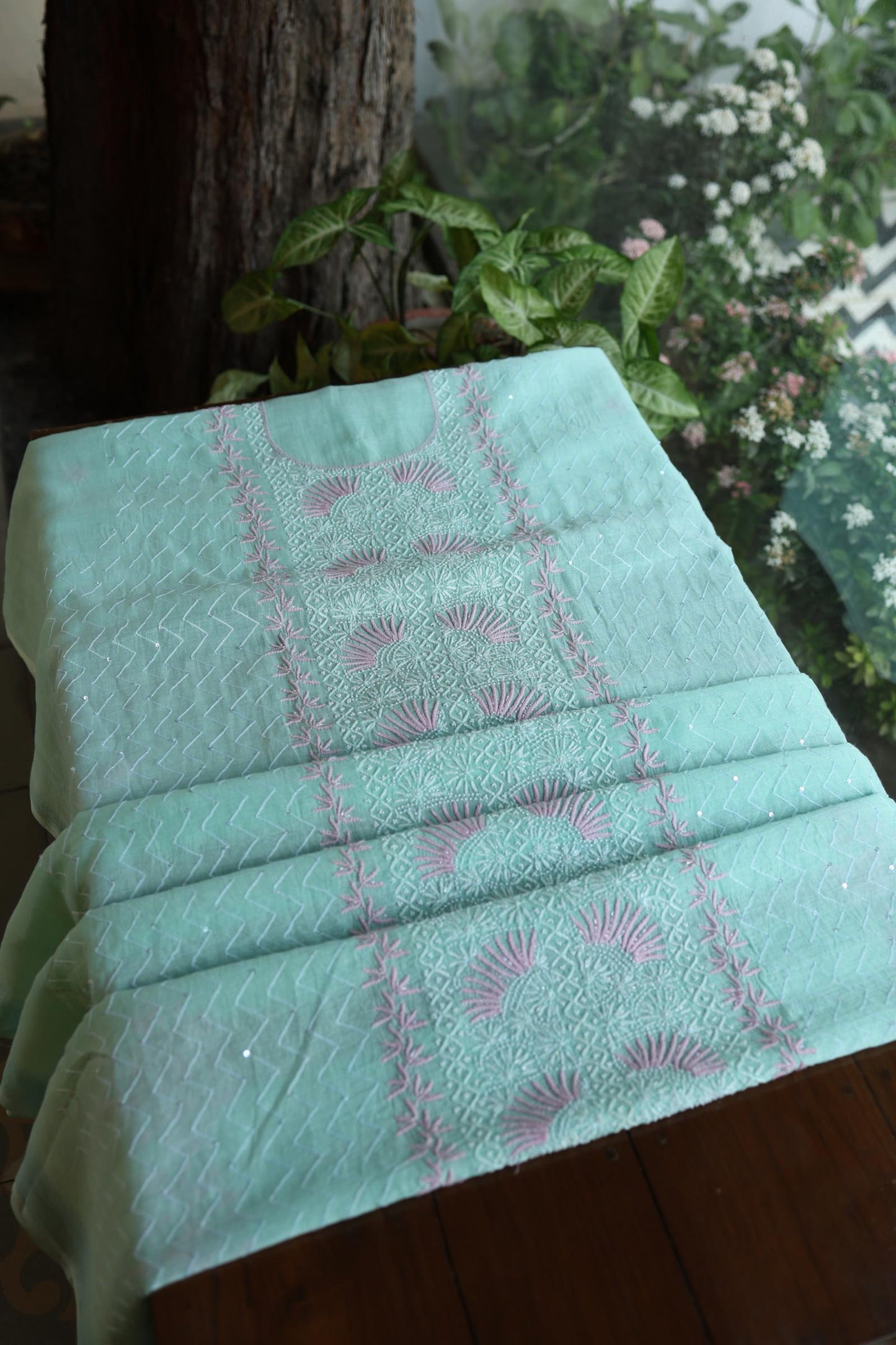 Sea Green Shade Malmal Pearl Work Chikankari Fabric