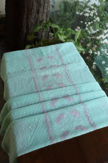 Sea Green Shade Malmal Pearl Work Chikankari Fabric