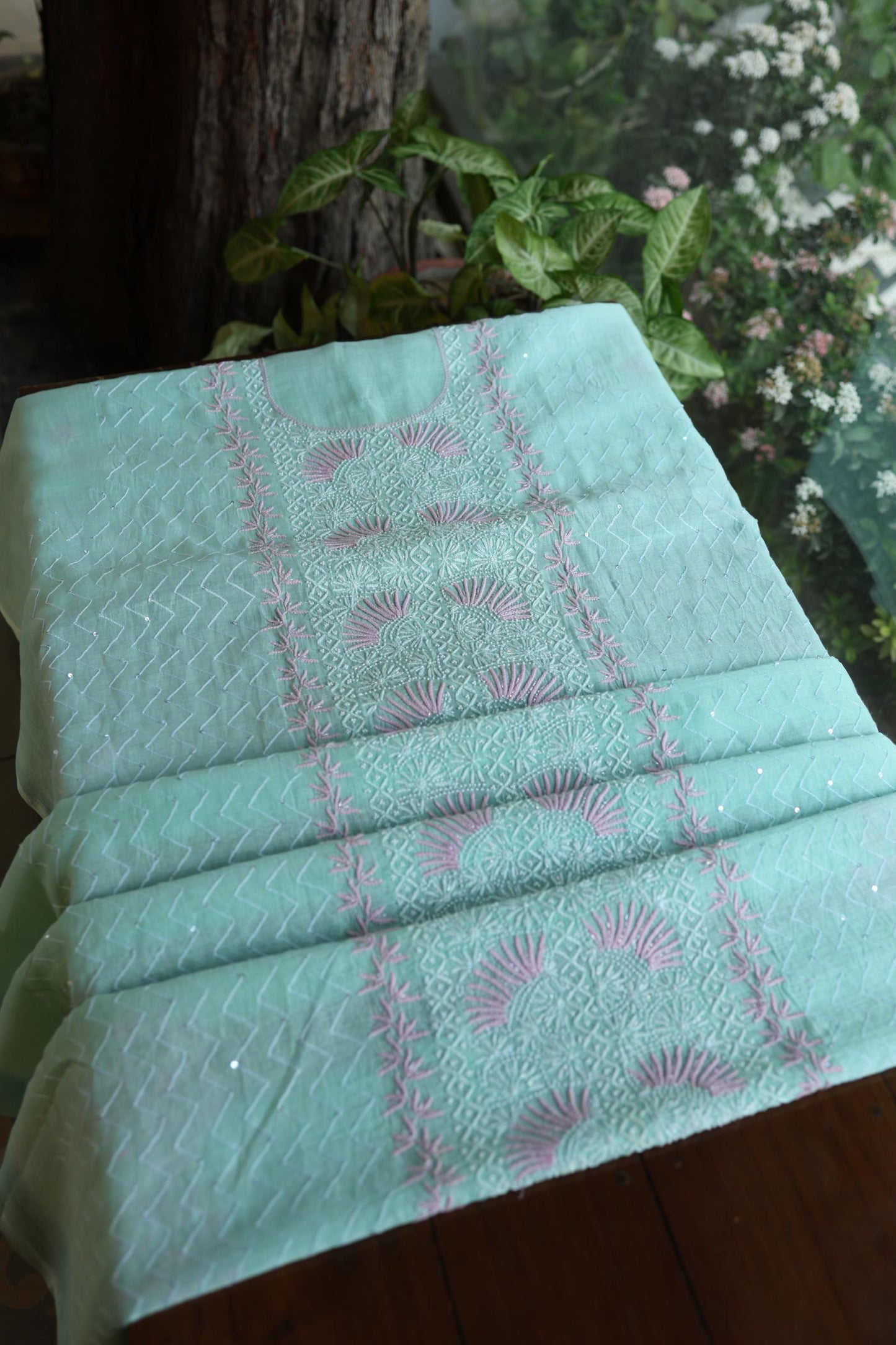 Sea Green Shade Malmal Pearl Work Chikankari Fabric