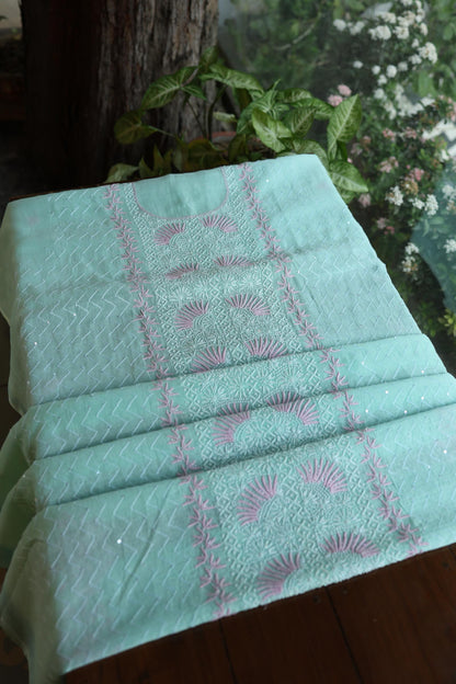 Sea Green Shade Malmal Pearl Work Chikankari Fabric