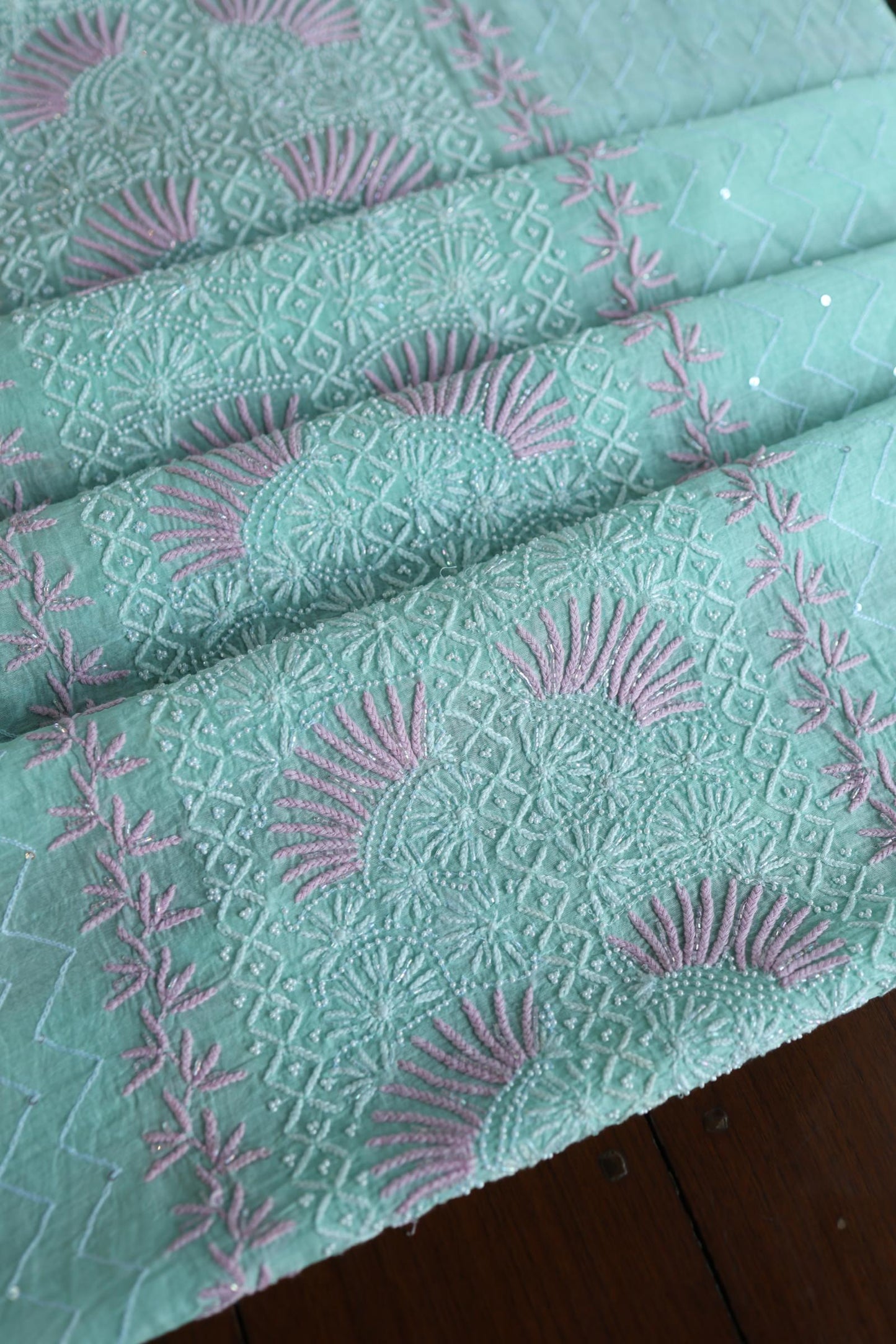 Sea Green Shade Malmal Pearl Work Chikankari Fabric