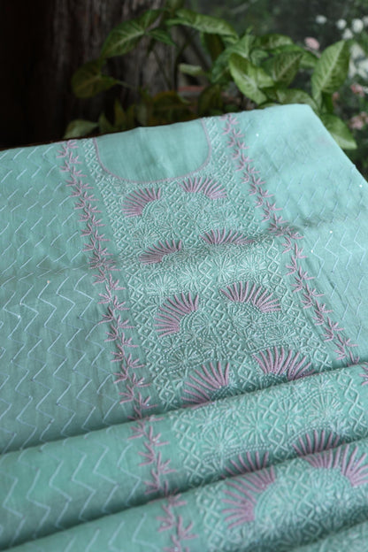 Sea Green Shade Malmal Pearl Work Chikankari Fabric