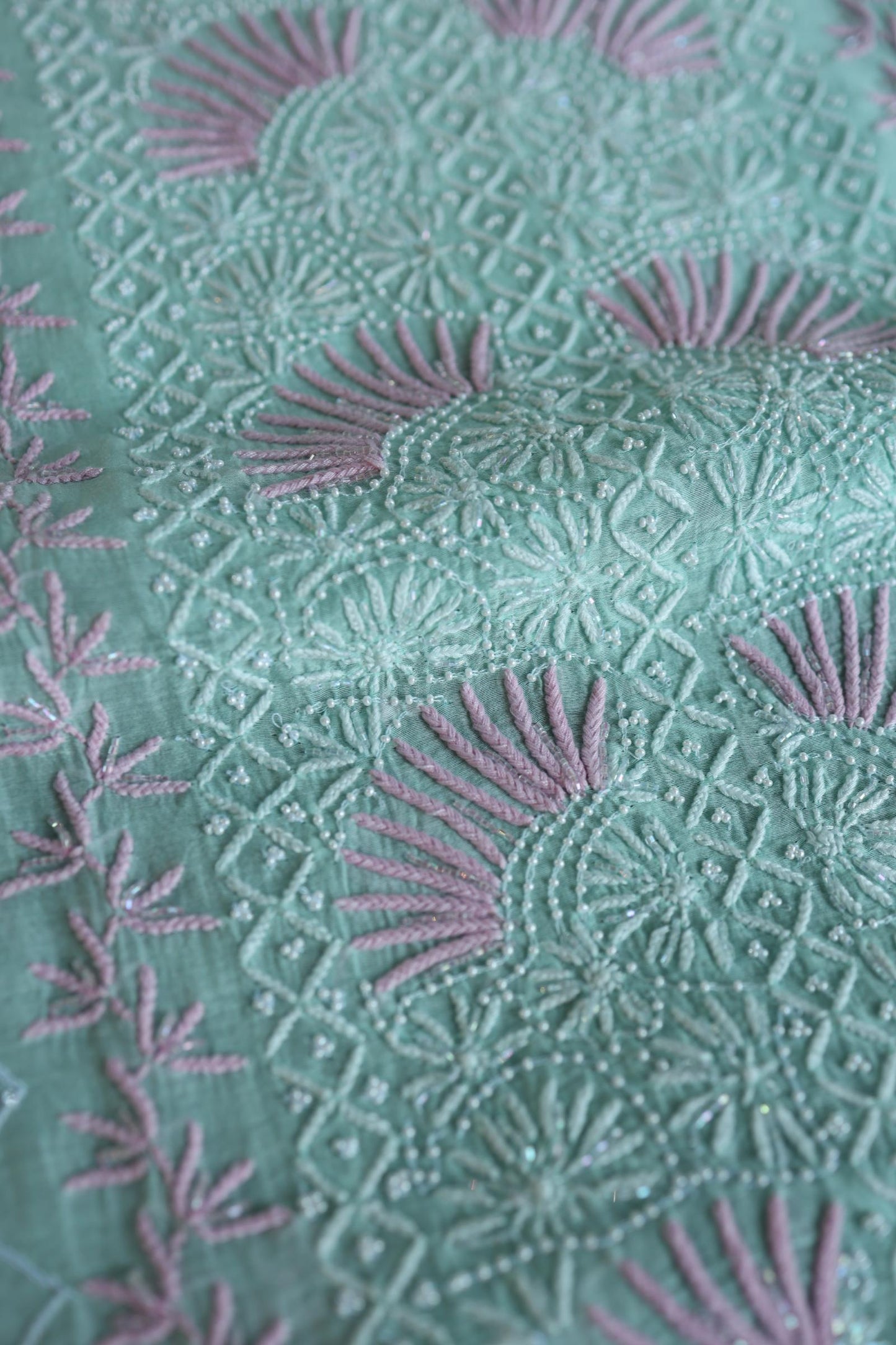 Sea Green Shade Malmal Pearl Work Chikankari Fabric